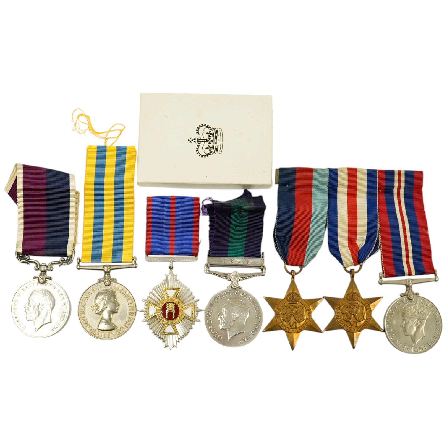 Seven military medals, including; a WWII medal group including the 1939-1945 Star, the France and Germany Star and the 1939-1945 Medal, a George V General Service Medal with a bar for Iraq awarded to GNR. G. Fuller R.A.